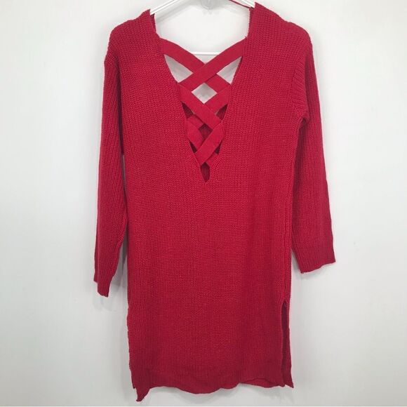 Ambiance Apparel Red Criss Cross Back Tunic Sweater NEW - Picture 7 of 13